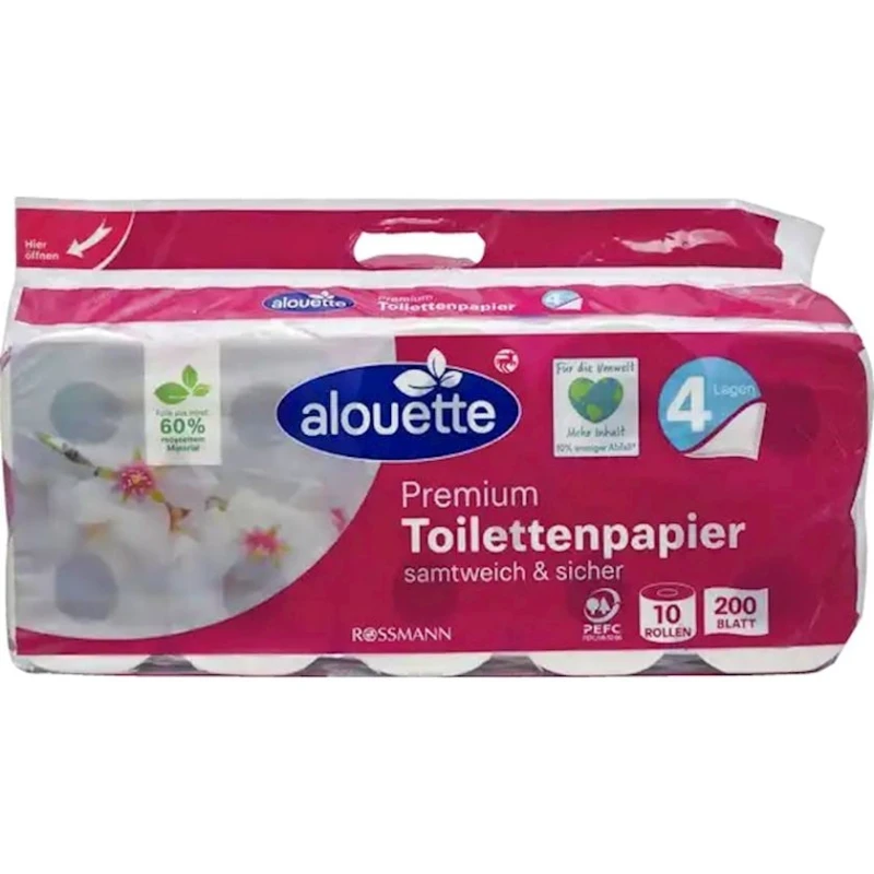 Tualet kağızı Alouette Premium 4 qat, 10 rulon, ağ Tualet kağızı Alouette Premium 4 qat, 10 rulon, ağ