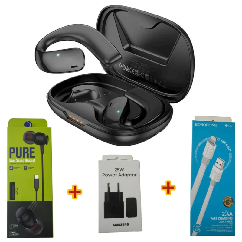 Беспроводные наушники Hoco EQ4 Black + Подарок Проводные наушники Strap Pure + Сетевое зарядное устройство Samsung 25W + Кабель USB Borofone BX89