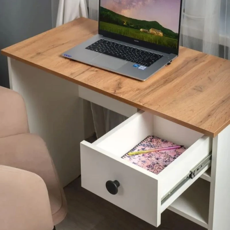 Yazı masası Neoletta, LDSP, 76.6х45х90 sm, siyirmələrlə/rəflərlə, ağ/qəhvəyi