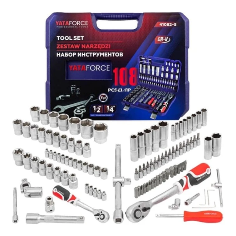 Набор инструментов Yataforce YF-41082-5, 108 предметов, 1/4'', 1/2'' (6 граней), 4-32 мм Набор инструментов Yataforce YF-41082-5, 108 предметов, 1/4'', 1/2'' (6 граней), 4-32 мм