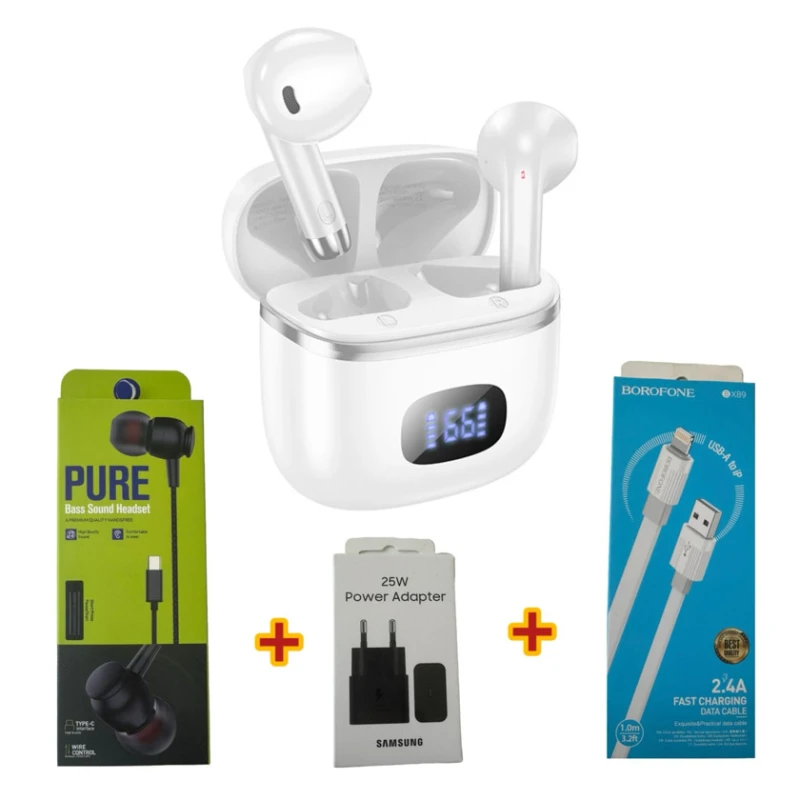 Беспроводные наушники Hoco EQ1 White + Подарок Проводные наушники Strap Pure + Сетевое зарядное устройство Samsung 25W + Кабель USB Borofone BX89