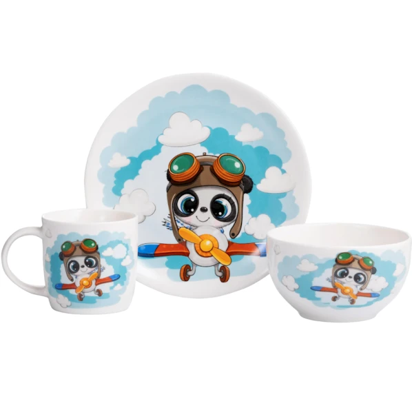 Набор детской посуды Ardesto Panda Pilot AR3451PS, 3 предмета, фарфор, разноцветный Набор детской посуды Ardesto Panda Pilot AR3451PS, 3 предмета, фарфор, разноцветный