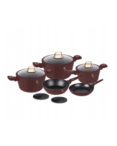 Qazan və tava dəsti Berlinger Haus Leonardo Collection BH-8050, 10 parça, alüminium, üçqatlı yapışmayan titan örtük, tünd qırmızı