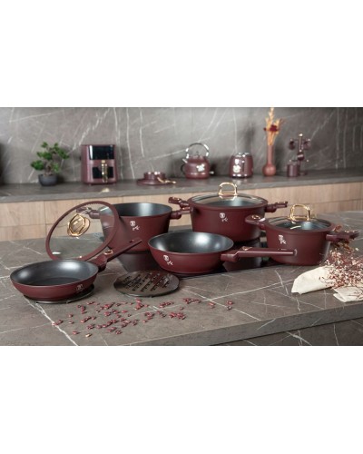 Qazan və tava dəsti Berlinger Haus Leonardo Collection BH-8050, 10 parça, alüminium, üçqatlı yapışmayan titan örtük, tünd qırmızı