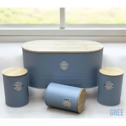 Metal Çörək və Ərzaq Saxlama Qabı Seti Bambuk Qapaqlı 4 Parça maxi-sweet-18197310