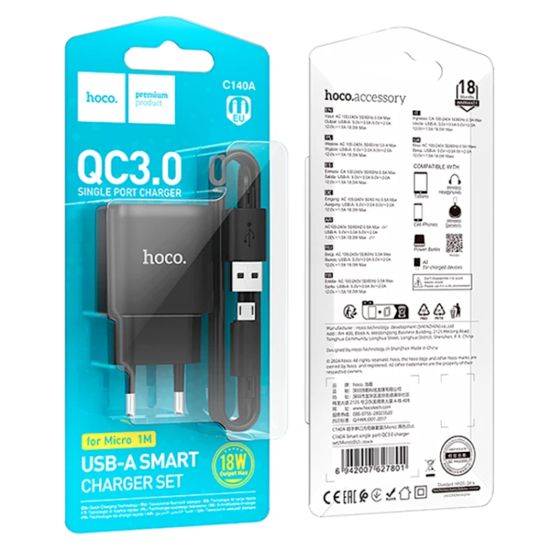 Сетевое зарядное устройство Hoco C140A QC3.0 18W + MicroUSB Cable Black