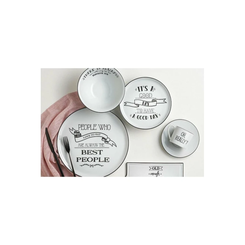 Səhər yeməyi dəsti Porland Be Happy 04AP021121, 31 parça, 6 nəfərlik, farfor, ağ/qara