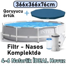 Hovuz Intex 6503TX26712C, karkas, boz, dairə, 366x366x76 sm, həcm 6503 l, filtr-nasos, örtük - 6503TX26712C