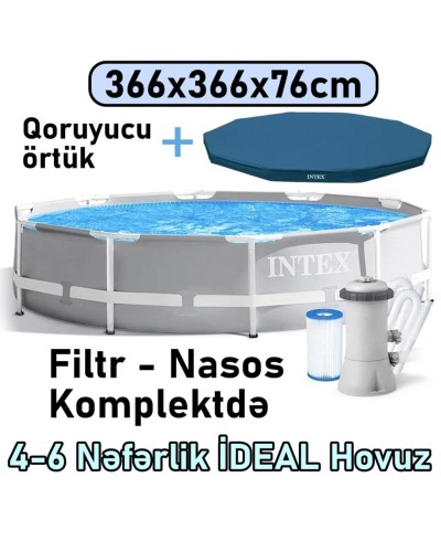 Hovuz Intex 6503TX26712C, karkas, boz, dairə, 366x366x76 sm, həcm 6503 l, filtr-nasos, örtük - 6503TX26712C