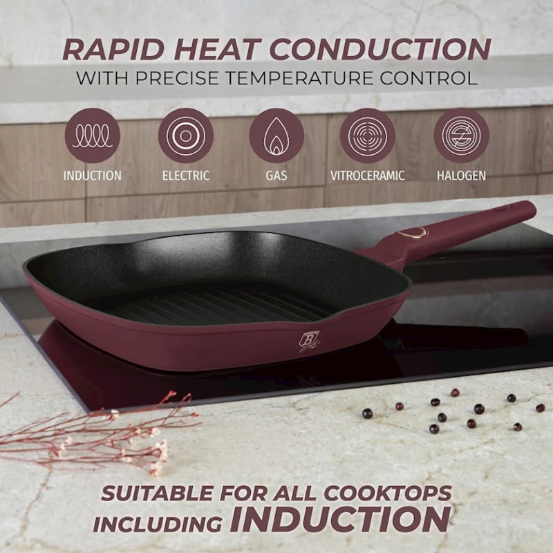 Сковородка-гриль Berlinger Haus Leonardo Collection BH-8036, 28 см, алюминий, трехслойное антипригарное титановое покрытие, бордовая Сковородка-гриль Berlinger Haus Leonardo Collection BH-8036, 28 см, алюминий, трехслойное антипригарное титановое покрытие, бордовая