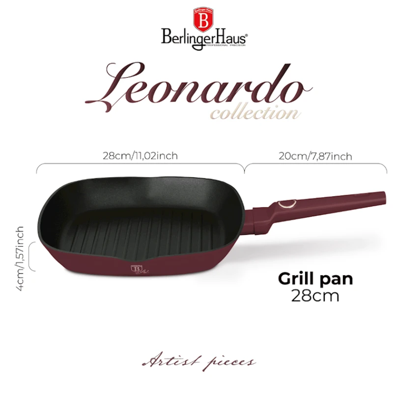 Сковородка-гриль Berlinger Haus Leonardo Collection BH-8036, 28 см, алюминий, трехслойное антипригарное титановое покрытие, бордовая Сковородка-гриль Berlinger Haus Leonardo Collection BH-8036, 28 см, алюминий, трехслойное антипригарное титановое покрытие, бордовая