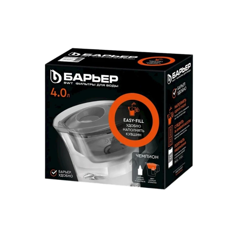 Фильтр-кувшин Барьер Чемпион для очищения воды, 4 л + кассета, оранжевый/прозрачный Фильтр-кувшин Барьер Чемпион для очищения воды, 4 л + кассета, оранжевый/прозрачный