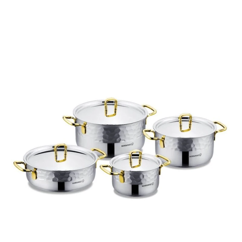 Набор кастрюль Korkmaz Erna, нержавеющая сталь, 1.8/3.4/5.3/3.5 л, серебристый/золотистый, 8 предметов Набор кастрюль Korkmaz Erna, нержавеющая сталь, 1.8/3.4/5.3/3.5 л, серебристый/золотистый, 8 предметов