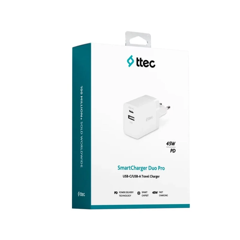Сетевое зарядное устройство Ttec SmartCharger 45W PD Duo Travel Charger USB-C+USB-A, White Сетевое зарядное устройство Ttec SmartCharger 45W PD Duo Travel Charger USB-C+USB-A, White