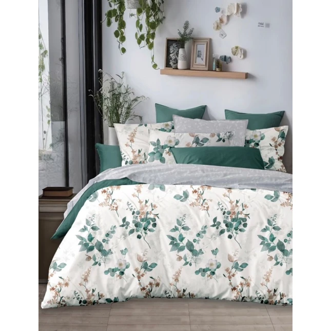 Комплект постельного белья MiraNova SF-748, пододеяльник 200x220 см, простыня 250x250 см, наволочка 50x70 см, двуспальный, хлопок, белый/зеленый Комплект постельного белья MiraNova SF-748, пододеяльник 200x220 см, простыня 250x250 см, наволочка 50x70 см, двуспальный, хлопок, белый/зеленый