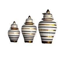 Dekorativ banka dəsti Bianco CO56, 3 əd, keramika, ağ, qara/qızılı zolaqlı, 24x13 sm, 31x17 sm, 39x21 sm