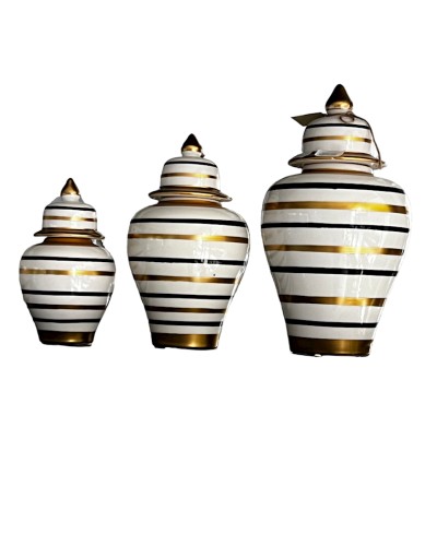 Dekorativ banka dəsti Bianco CO56, 3 əd, keramika, ağ, qara/qızılı zolaqlı, 24x13 sm, 31x17 sm, 39x21 sm