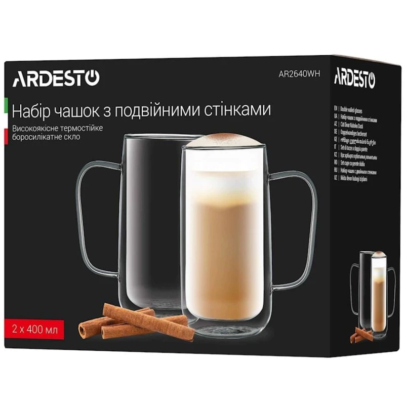 Набор чашек Ardesto AR2640WH с двойными стенками, 2 шт, 400 мл, боросиликатное стекло, прозрачный Набор чашек Ardesto AR2640WH с двойными стенками, 2 шт, 400 мл, боросиликатное стекло, прозрачный
