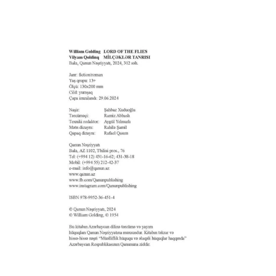 Kitab Qanun Nəşriyyatı Milçəklər tanrısı, müəllif Vilyam Qoldinq Kitab Qanun Nəşriyyatı Milçəklər tanrısı, müəllif Vilyam Qoldinq
