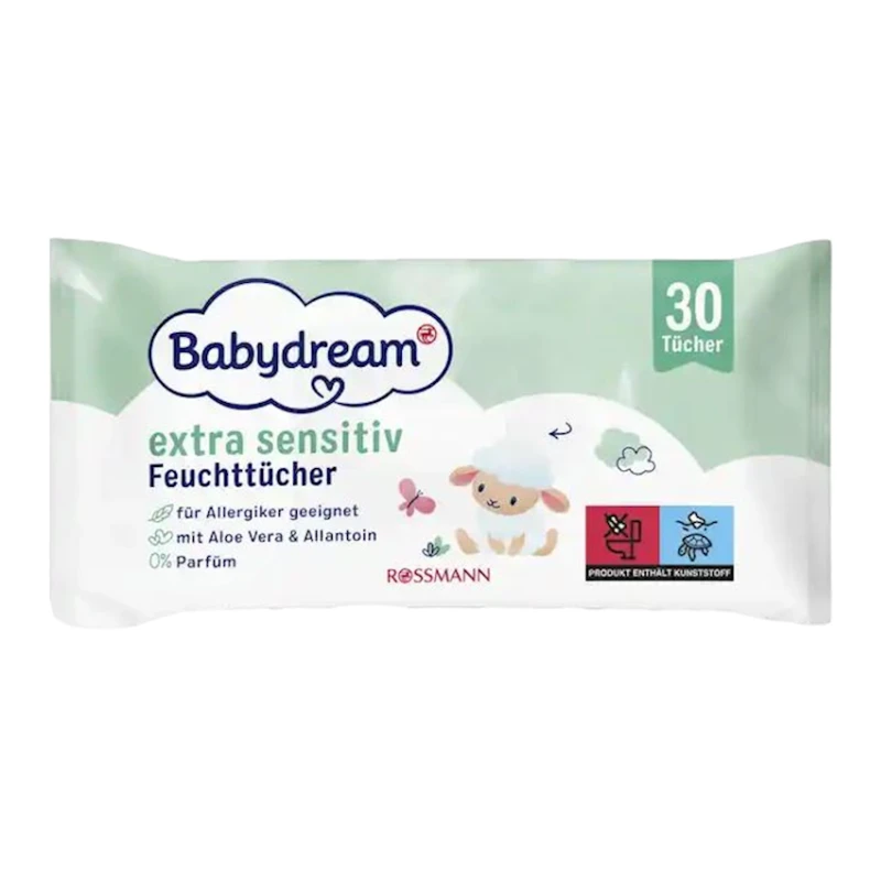 Uşaqlar üçün nəm salfetlər Rossmann Babydream Extra Sensitive həssas dərilər üçün 30 əd