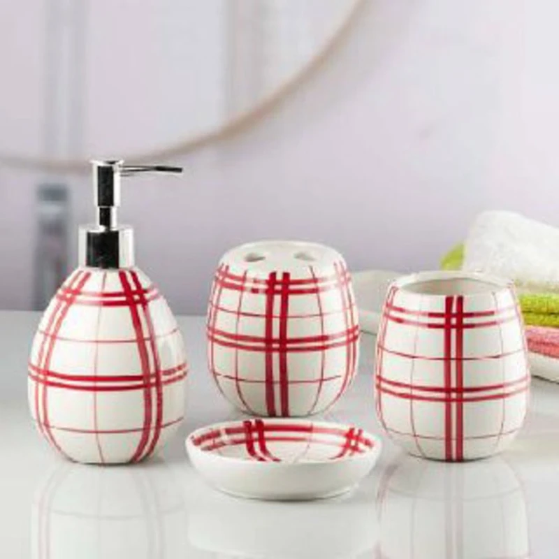 Набор для ванной nh_cv10, керамика, белый/красный, 4 шт Набор для ванной nh_cv10, керамика, белый/красный, 4 шт