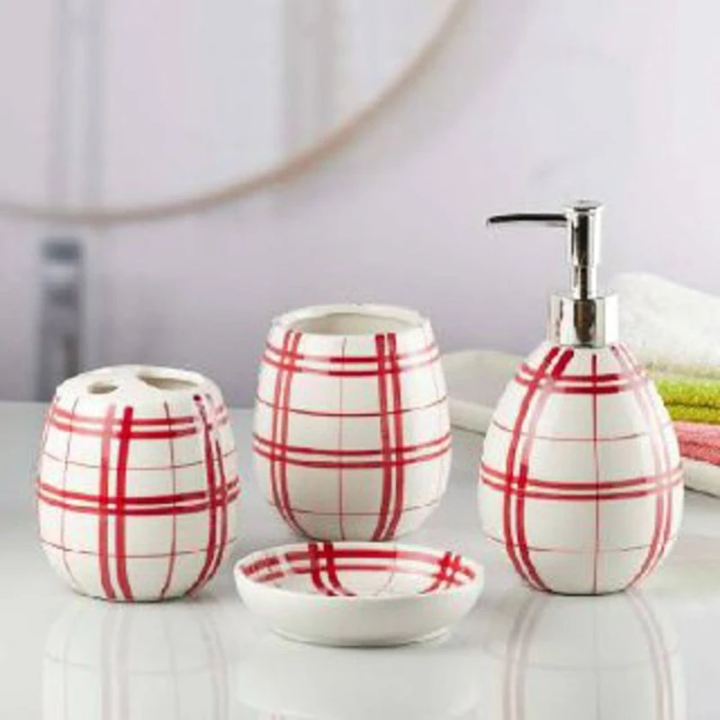 Набор для ванной nh_cv10, керамика, белый/красный, 4 шт Набор для ванной nh_cv10, керамика, белый/красный, 4 шт