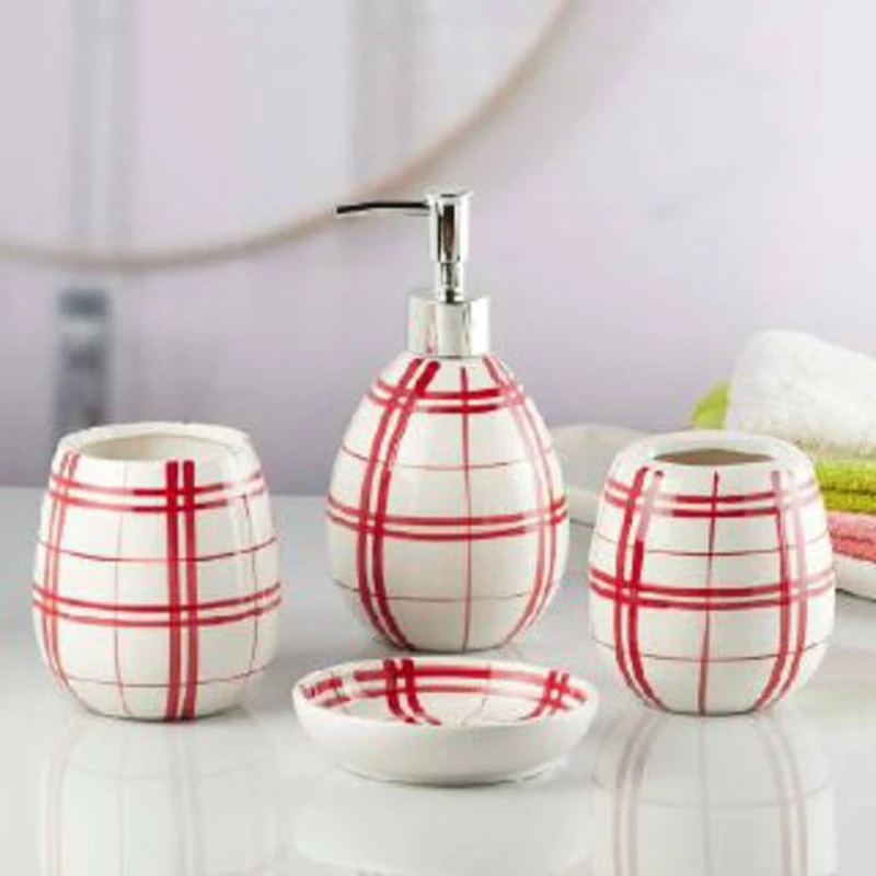 Набор для ванной nh_cv10, керамика, белый/красный, 4 шт Набор для ванной nh_cv10, керамика, белый/красный, 4 шт