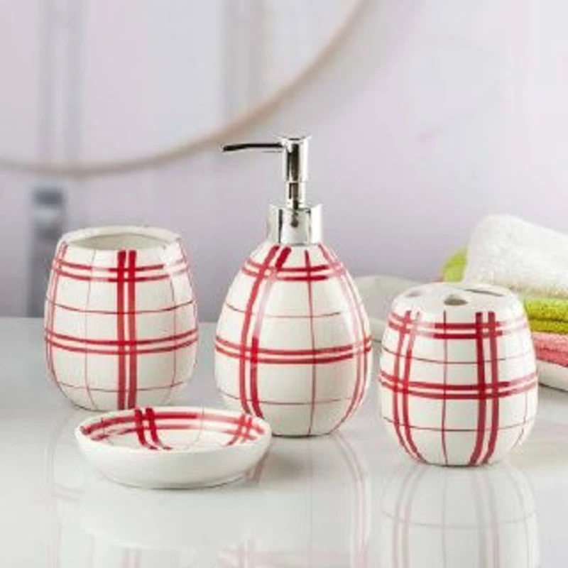 Набор для ванной nh_cv10, керамика, белый/красный, 4 шт Набор для ванной nh_cv10, керамика, белый/красный, 4 шт