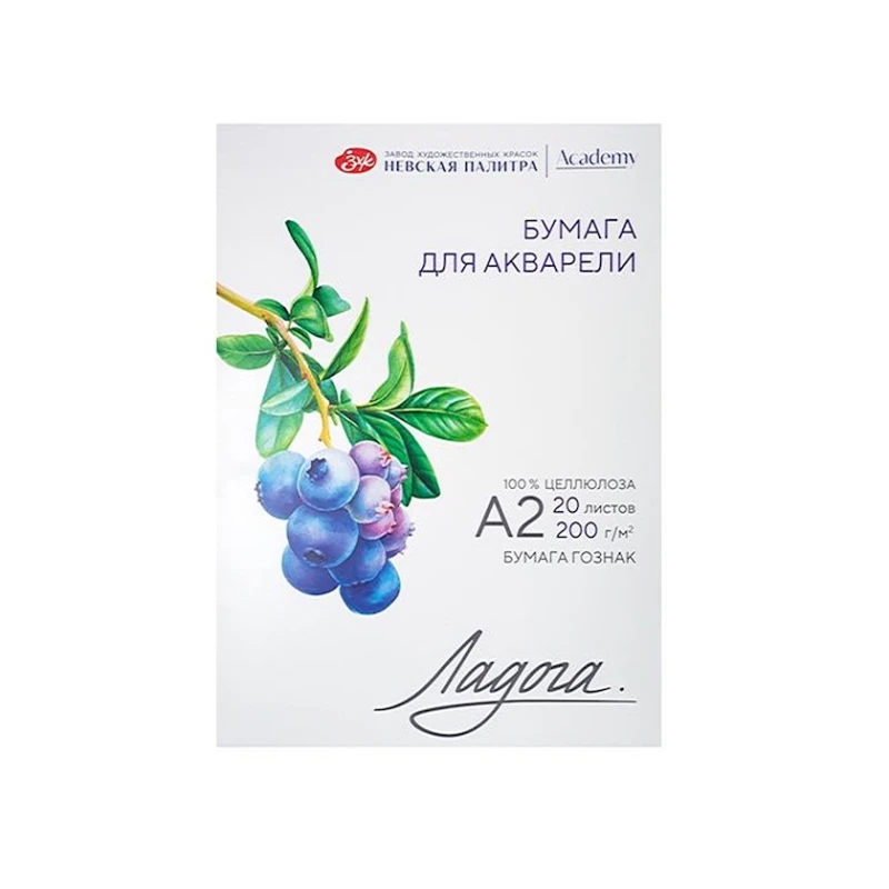 Папка с бумагой Ладога для акварели, А2, 200 г/м², 20 листов, целлюлоза, среднее зерно