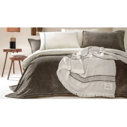 Комплект постельного белья Yataş King XL, пододеяльник 220х240 см, простыня 240х280 см, наволочка 50х70 см (2 шт), двуспальный, лен/хлопок, белый/коричневый