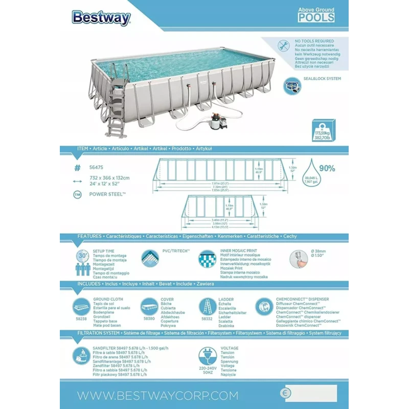 Бассейн Bestway 56475, 732x366x132 см, 30045 л, серый