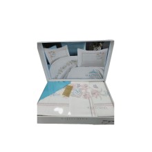 Yataq dəsti NV16 yorğan üzü 200x220 sm, mələfə 240x260 sm, 4 yastıq üzü 50x70 sm, pambıq, ağ/çəhrayı/mavi