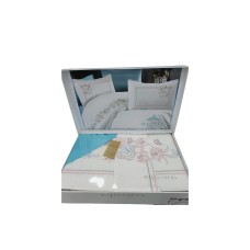 Yataq dəsti NV16 yorğan üzü 200x220 sm, mələfə 240x260 sm, 4 yastıq üzü 50x70 sm, pambıq, ağ/çəhrayı/mavi