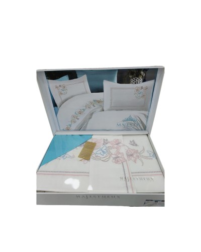 Yataq dəsti NV16 yorğan üzü 200x220 sm, mələfə 240x260 sm, 4 yastıq üzü 50x70 sm, pambıq, ağ/çəhrayı/mavi