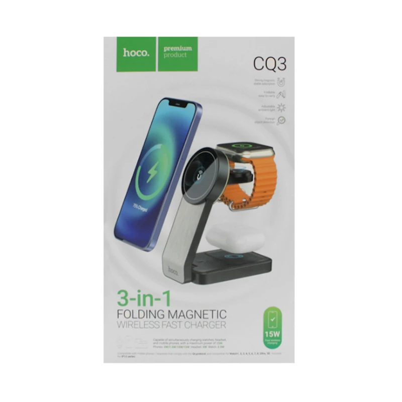 Беспроводное сетевое зарядное устройство Hoco CQ3 3in1 Wireless Fast Charger 15W, Черный Беспроводное сетевое зарядное устройство Hoco CQ3 3in1 Wireless Fast Charger 15W, Черный