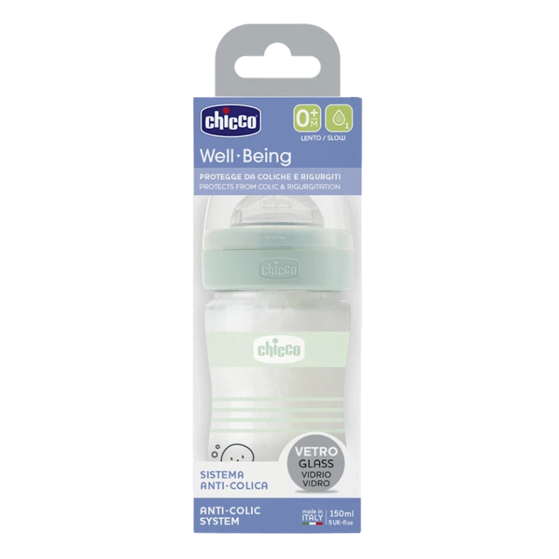 Qidalanma üçün qab Chicco Well-Being, şüşə, yaşıl, 150 ml