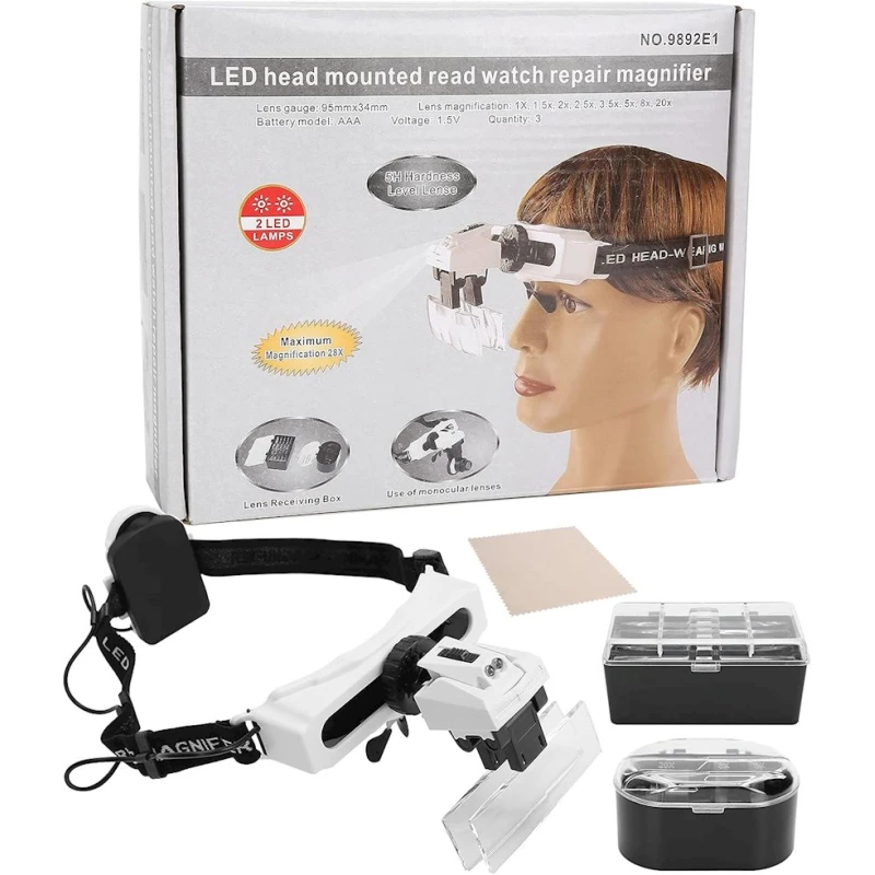 Лупа с креплением на голову и светодиодным фонарем, белая