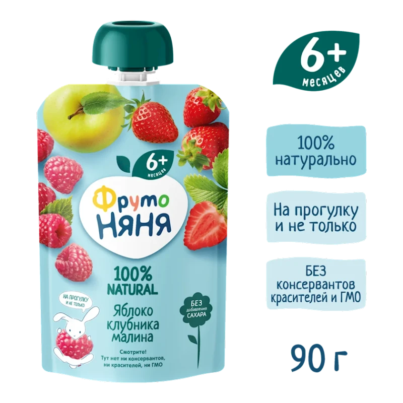 Фруктово-ягодное пюре ФрутоНяня Яблоко, Клубника, Малина, 90 г