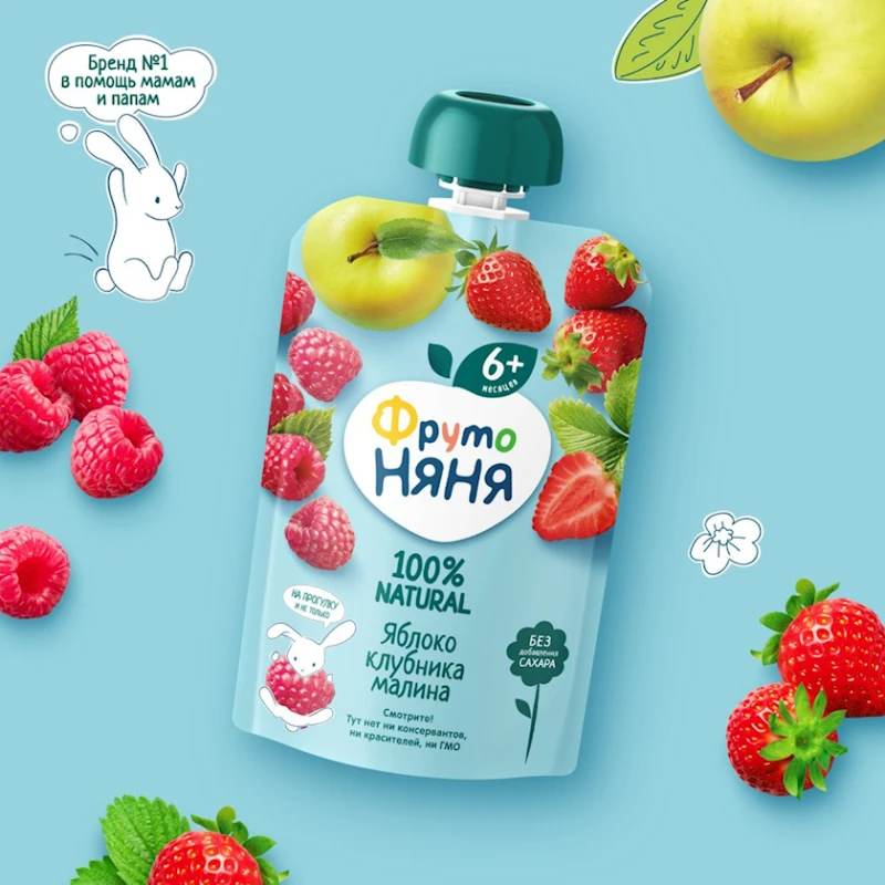 Фруктово-ягодное пюре ФрутоНяня Яблоко, Клубника, Малина, 90 г