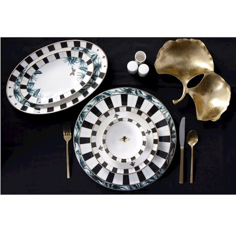 Набор столовой посуды Porland Palms 04ALM005910, 60 предметов, 12 персон, фарфор, белый/черный