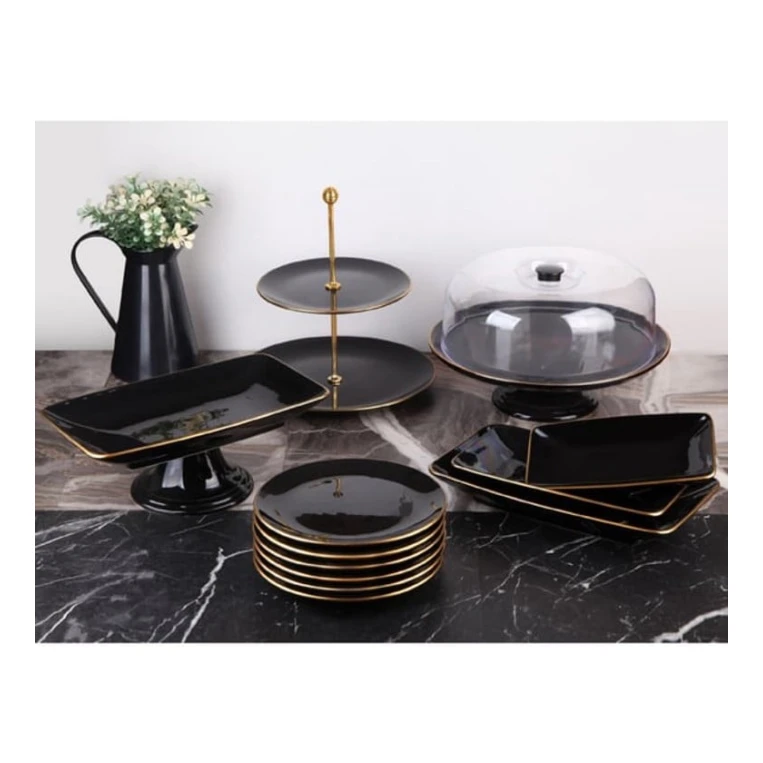 Süfrə boşqabları dəsti Servis_13, 13 parça, keramika, qara/qızılı