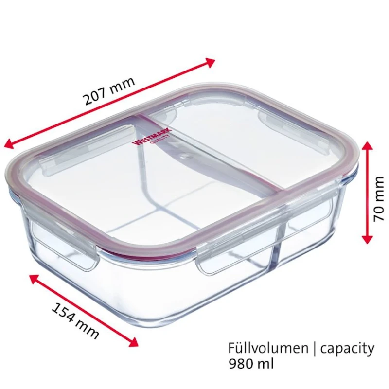 Qida saxlama konteyneri Westmark, 2 bölməli, şüşə, şəffaf, 980 ml Qida saxlama konteyneri Westmark, 2 bölməli, şüşə, şəffaf, 980 ml