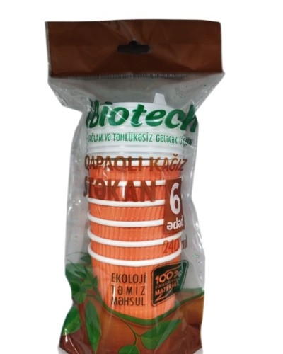 Birdəfəlik kağız stəkan dəsti Biotech, qapaq ilə, 240 ml, 6 əd