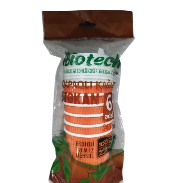 Birdəfəlik kağız stəkan dəsti Biotech, qapaq ilə, 240 ml, 6 əd