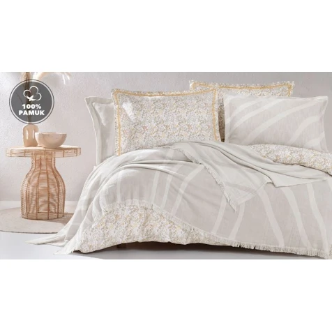 Комплект постельного белья Yataş Lenzy, плед-покрывало 230x240 см, пододеяльник 200x220 см, простыня 240x260 см, наволочки 50x70 см 4 шт, евро, хлопок, Bej Комплект постельного белья Yataş Lenzy, плед-покрывало 230x240 см, пододеяльник 200x220 см, простыня 240x260 см, наволочки 50x70 см 4 шт, евро, хлопок, Bej