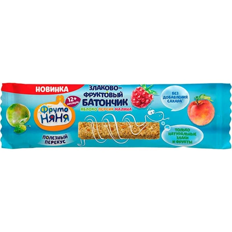 Злаково-фруктовый батончик ФрутоНяня яблоко, персик, малина, 25 г, 1+ Злаково-фруктовый батончик ФрутоНяня яблоко, персик, малина, 25 г, 1+