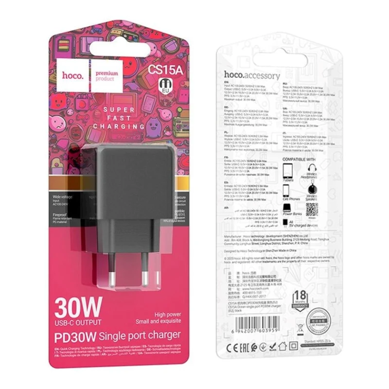 Сетевое зарядное устройство Hoco CS15A 30W, Черный