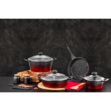 Qazan Ozlife ARYA 7 parça, 20 sm, 24 sm, 26 sm, tava 26 sm, 4.3 mm, dökmə qranit, antibakterial, parex qapaq, qara/qırmızı - maxi-sweet-TP1644510