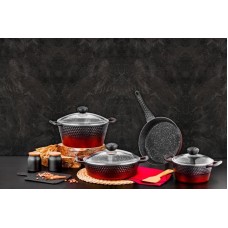 Qazan Ozlife ARYA 7 parça, 20 sm, 24 sm, 26 sm, tava 26 sm, 4.3 mm, dökmə qranit, antibakterial, parex qapaq, qara/qırmızı - maxi-sweet-TP1644510