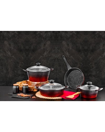Qazan Ozlife ARYA 7 parça, 20 sm, 24 sm, 26 sm, tava 26 sm, 4.3 mm, dökmə qranit, antibakterial, parex qapaq, qara/qırmızı - maxi-sweet-TP1644510
